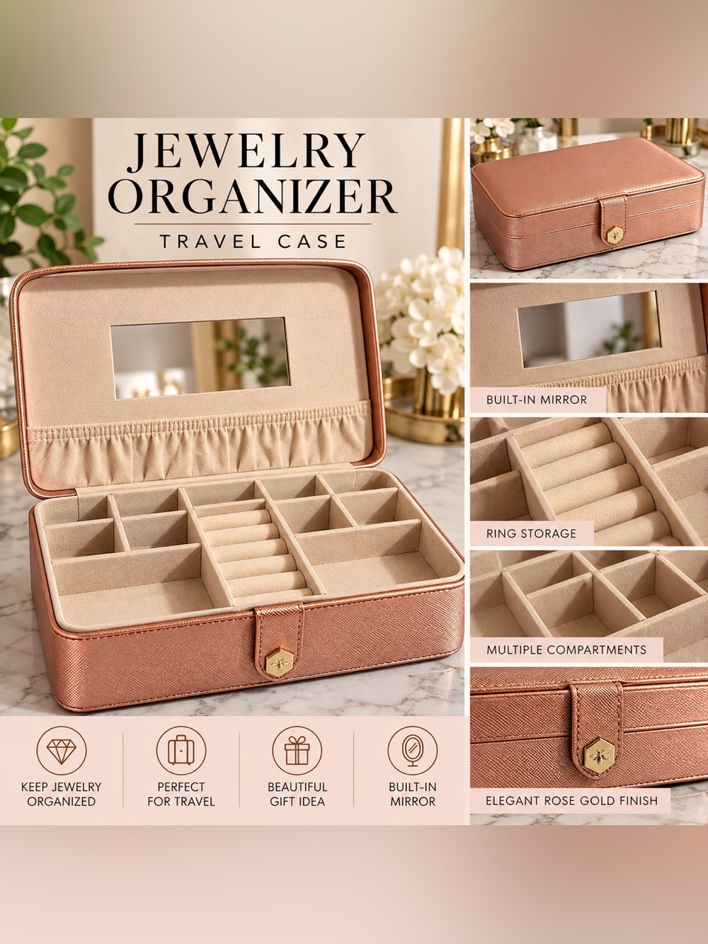 Rose Gold Metallic Jewelry Organizer Travel Case
